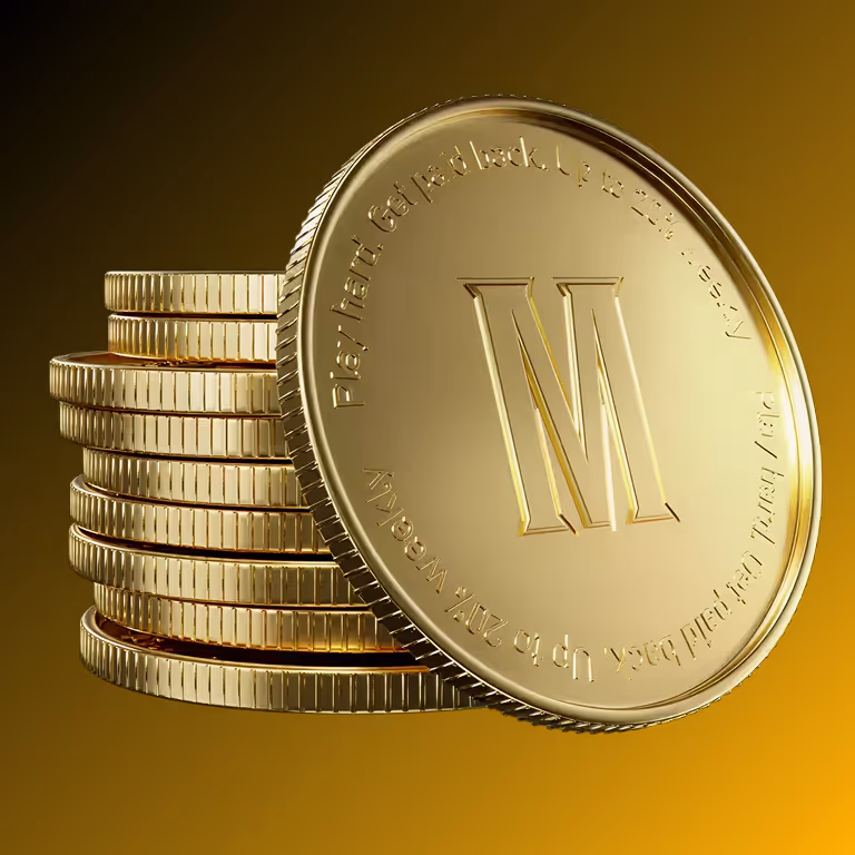 Stack of gold coins with the Menace “M” emblem representing casino payouts, bonuses, and loyalty rewards.