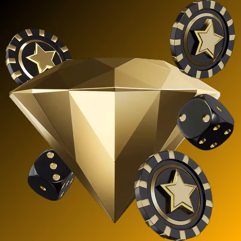Golden diamond surrounded by black-and-gold poker chips and dice symbolizing premium casino games and high-stakes action at Menace Casino & Sportsbook.