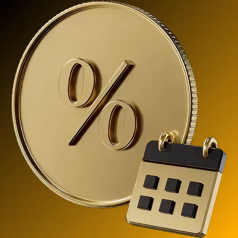 Gold percentage coin paired with a calendar icon representing daily bonuses, cashback, and scheduled promotions at Menace Casino & Sportsbook.