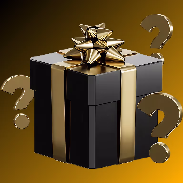 Elegant black and gold gift box surrounded by question marks representing surprise bonuses and mystery rewards at Menace Casino & Sportsbook.
